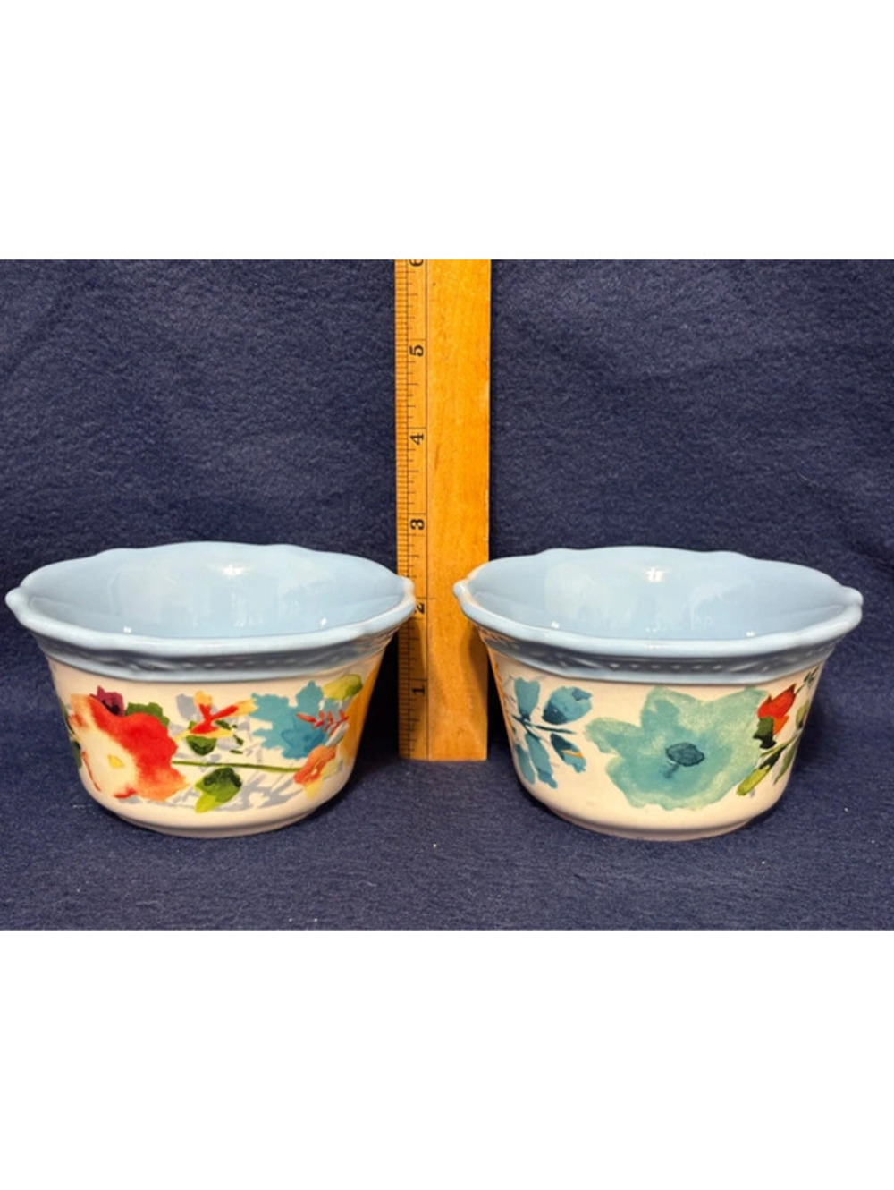 Set of 2 The Pioneer Woman Floral 4” Scalloped Ramekin/ Bowl Blue